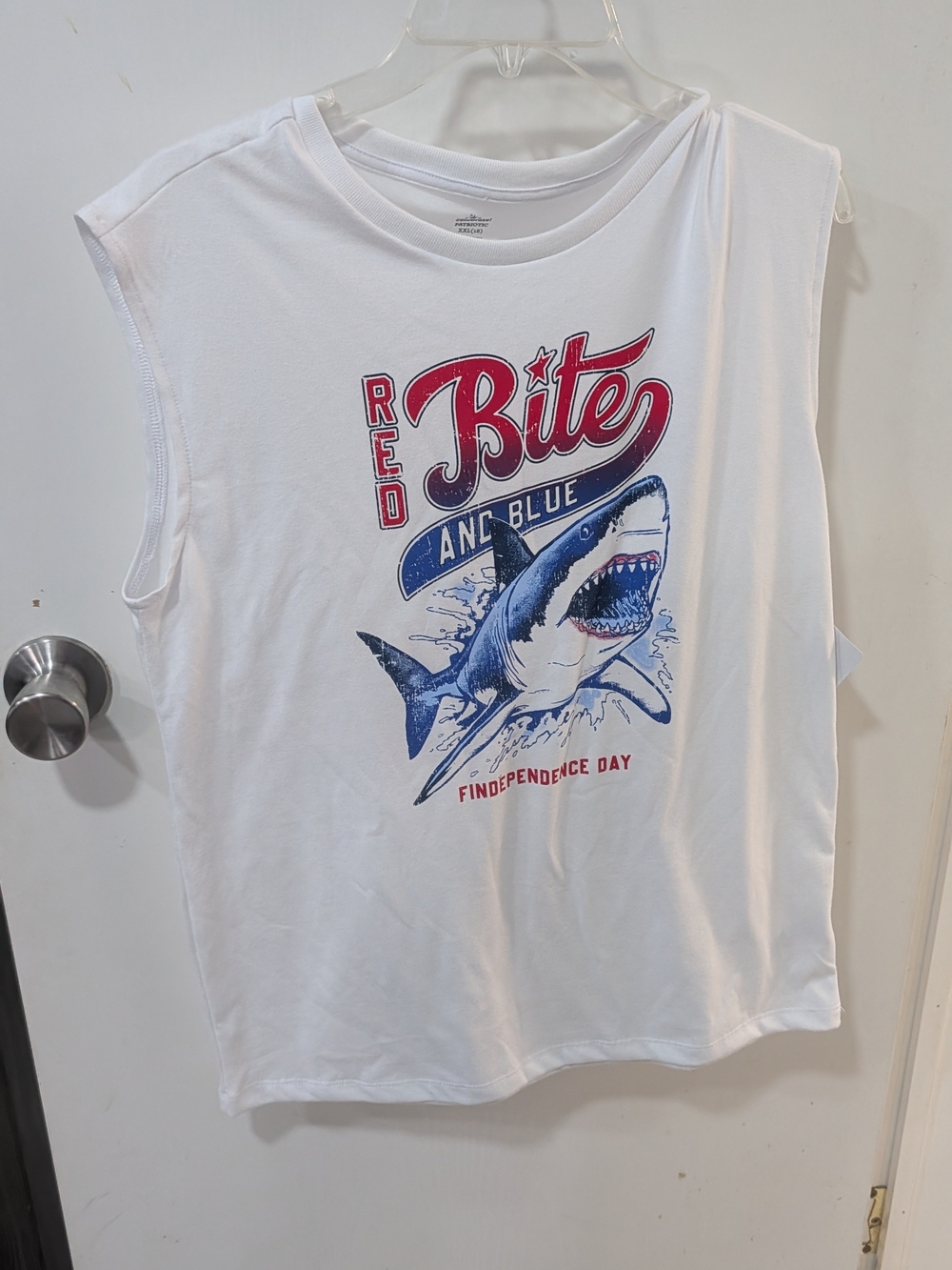 Celebrate It White Tank Top with Red & Blue Shark Graphic